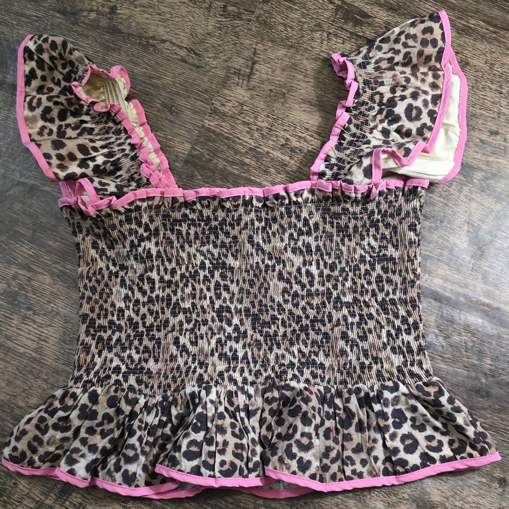 ENTRO Smocked Peplum Top Women Sz L Leopard Pink Ruffle Trim Animal Print